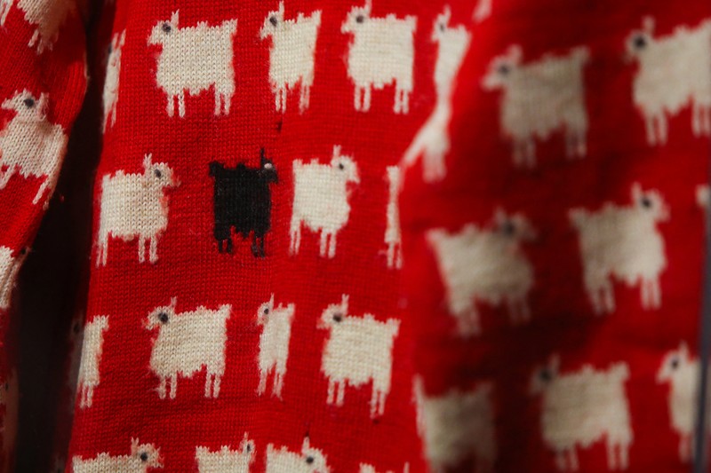 BRITAIN-DIANA/AUCTION A 'black sheep' jumper worn by the Britain's late Diana, Princess of Wales, is displayed at Sotheby's, in London, Britain, July 17, 2023. The jumper, which is to go up for auction, was worn by Diana on several occasions, and was recently rediscovered in a box in the attic of the manufacturers along with correspondence from Diana's private secretary. REUTERS/Rachel Adams