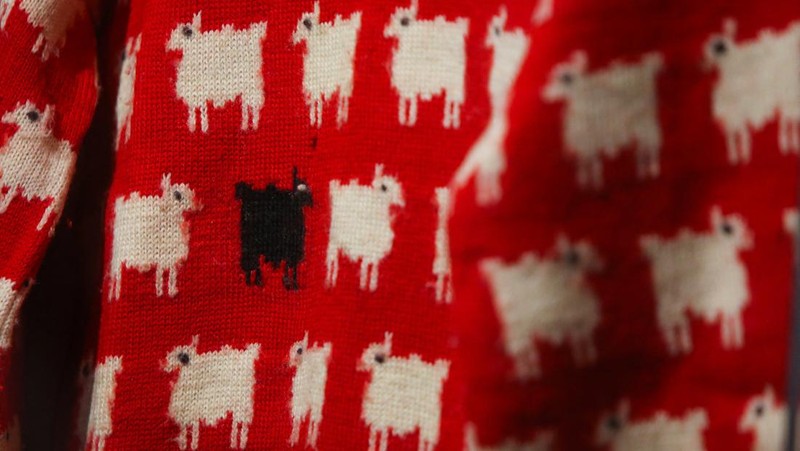 A 'black sheep' jumper worn by the Britain's late Diana, Princess of Wales, is displayed at Sotheby's, in London, Britain, July 17, 2023. The jumper, which is to go up for auction, was worn by Diana on several occasions, and was recently rediscovered in a box in the attic of the manufacturers along with correspondence from Diana's private secretary. REUTERS/Rachel Adams