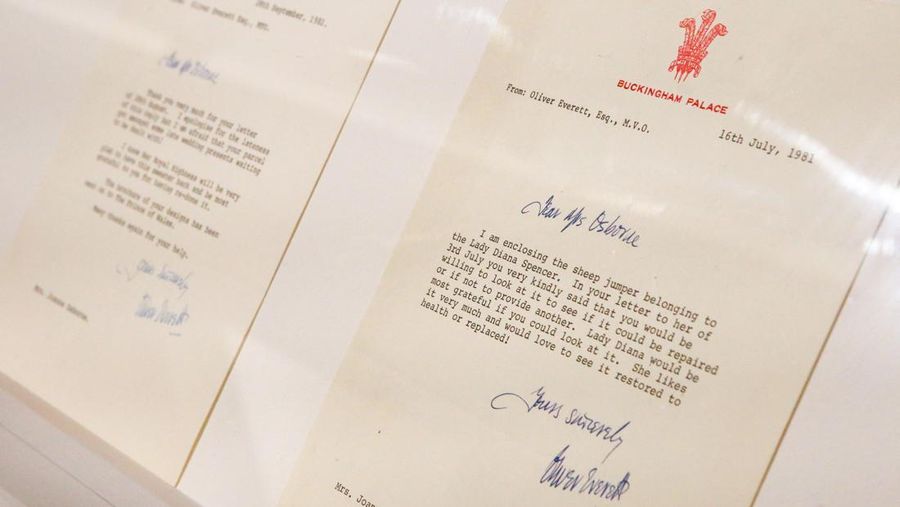 A 'black sheep' jumper worn by the Britain's late Diana, Princess of Wales, is displayed at Sotheby's, in London, Britain, July 17, 2023. The jumper, which is to go up for auction, was worn by Diana on several occasions, and was recently rediscovered in a box in the attic of the manufacturers along with correspondence from Diana's private secretary. REUTERS/Rachel Adams