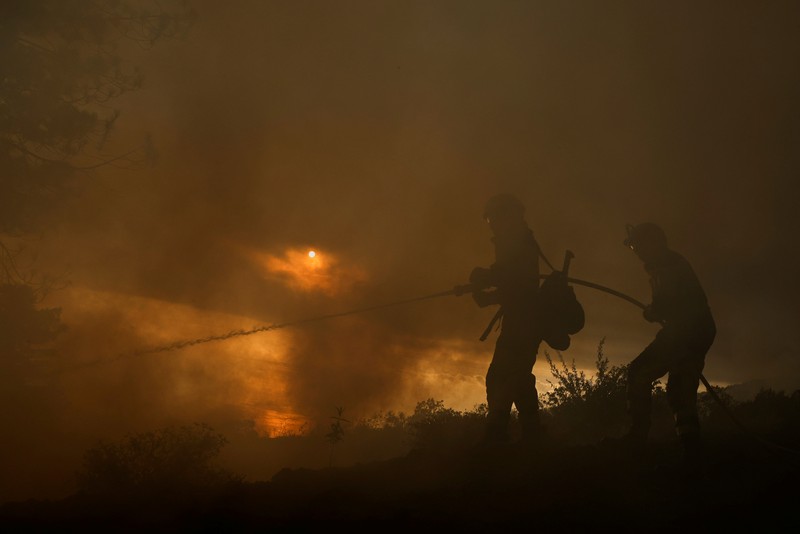 Petugas pemadam kebakaran hutan EIRIF bekerja selama pemadaman kebakaran Tijarafe di Pulau Canary La Palma, Spanyol 16 Juli 2023. (REUTERS/Borja Suarez)