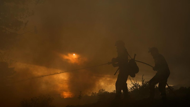 Petugas pemadam kebakaran hutan EIRIF bekerja selama pemadaman kebakaran Tijarafe di Pulau Canary La Palma, Spanyol 16 Juli 2023. (REUTERS/Borja Suarez)