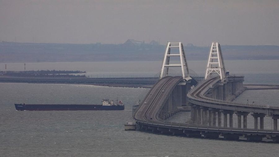 A cargo ship sails next to the Crimea bridge in the Kerch Strait, Crimea, March 14, 2023. REUTERS/Alexey Pavlishak