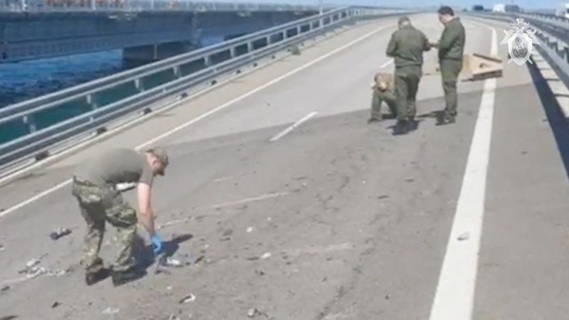 A view shows the section of a road split and sloping to one side following an alleged attack on the Crimea Bridge, that connects the Russian mainland with the Crimean peninsula across the Kerch Strait, in this still image taken from video released July 17, 2023. Сrimea24tv/Handout via REUTERS ATTENTION EDITORS - THIS IMAGE WAS PROVIDED BY A THIRD PARTY. NO RESALES. NO ARCHIVES. MANDATORY CREDIT.      TPX IMAGES OF THE DAY