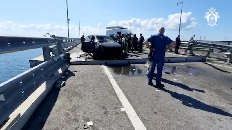 A view shows the section of a road split and sloping to one side following an alleged attack on the Crimea Bridge, that connects the Russian mainland with the Crimean peninsula across the Kerch Strait, in this still image taken from video released July 17, 2023. Сrimea24tv/Handout via REUTERS ATTENTION EDITORS - THIS IMAGE WAS PROVIDED BY A THIRD PARTY. NO RESALES. NO ARCHIVES. MANDATORY CREDIT.      TPX IMAGES OF THE DAY