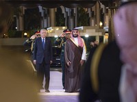 In this photo released by the state-run Saudi Press Agency, Turkish President Recep Tayyip Erdogan, left, and Saudi Crown Prince Mohammed bin Salman attend a welcome ceremony at Al Salam Palace in Jeddah, Saudi Arabia, Monday, July 17, 2023. Erdogan