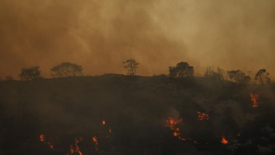 Tumbuhan di gunung terbakar di dekat Loutraki 80 Kilometer sebelah barat Athena, Yunani, Senin, 17 Juli 2023. Dua kebakaran hutan mengancam rumah di daerah di luar Athena, di mana angin kencang membuat api sulit dibendung. Sebagian besar Yunani selatan, termasuk Athena yang lebih besar, memiliki tingkat peringatan yang lebih tinggi untuk risiko kebakaran, sementara suhu yang lebih ekstrem diperkirakan terjadi akhir pekan ini. (AP Photo/Petros Giannakouris)