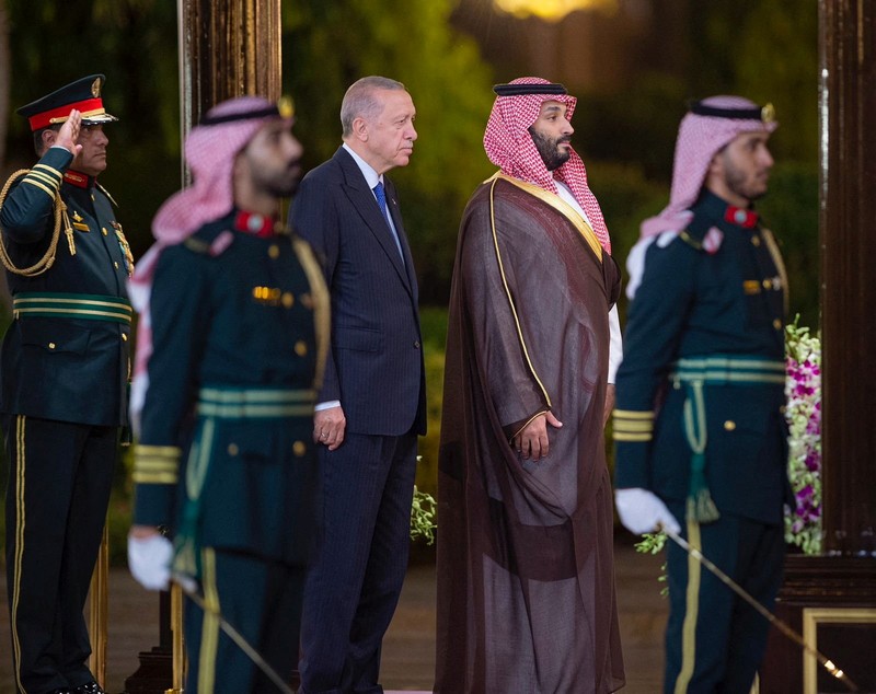 Saudi Arabia Turkey Erdogan Gulf Trip In this photo released by the state-run Saudi Press Agency, Turkish President Recep Tayyip Erdogan, left, and Saudi Crown Prince Mohammed bin Salman shake hands during a welcome ceremony at Al Salam Palace in Jeddah, Saudi Arabia, Monday, July 17, 2023. Erdogan traveled to Saudi Arabia on Monday in a three-stop tour of Gulf states to seek trade and investment opportunities for Turkey's floundering economy. (Saudi Press Agency via AP)