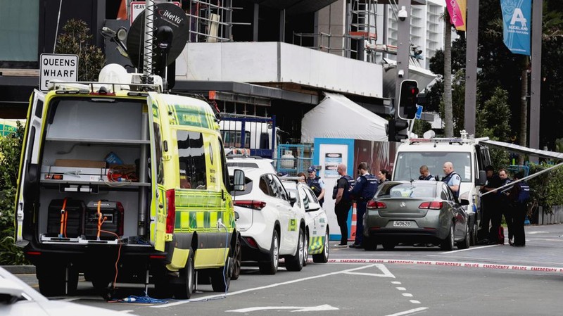Police cars are seen near a construction site following a shooting in the central business district, in Auckland, New Zealand July 20, 2023. REUTERS/David Rowland