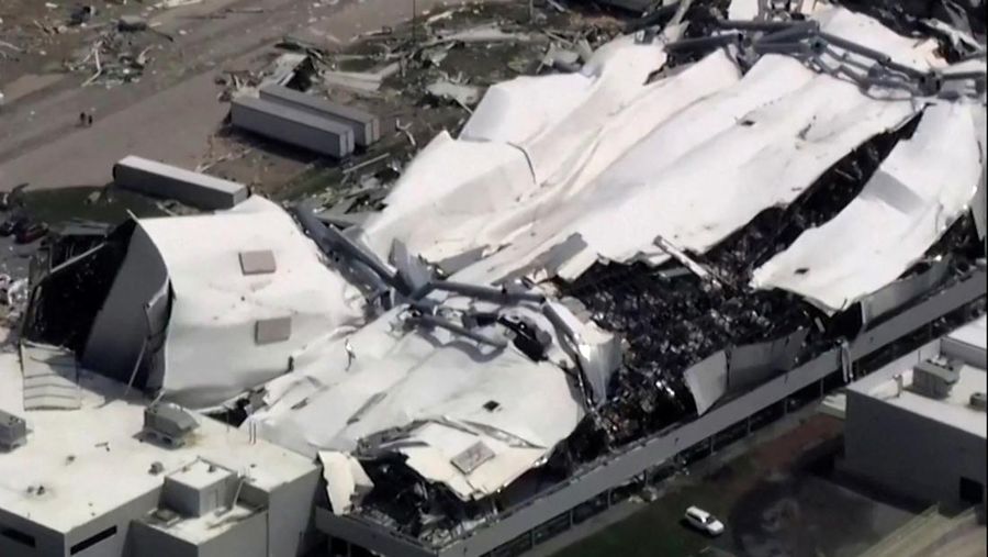 The roof of a Pfizer facility shows heavy damage after a tornado passed the area in Rocky Mount, North Carolina, U.S. July 19, 2023.  ABC Affiliate WTVD via REUTERS.  NO RESALES. NO ARCHIVES. MANDATORY CREDIT