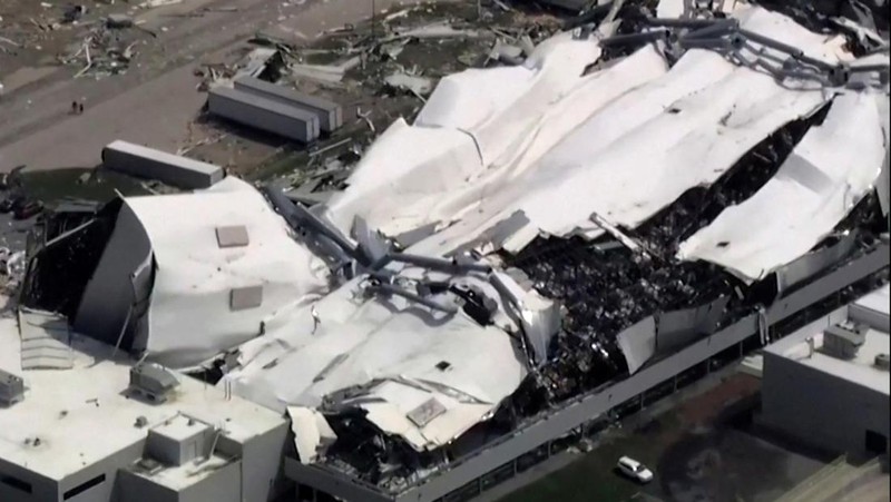The roof of a Pfizer facility shows heavy damage after a tornado passed the area in Rocky Mount, North Carolina, U.S. July 19, 2023.  ABC Affiliate WTVD via REUTERS.  NO RESALES. NO ARCHIVES. MANDATORY CREDIT
