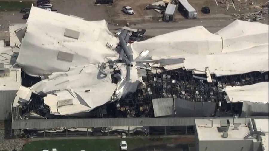 The roof of a Pfizer facility shows heavy damage after a tornado passed the area in Rocky Mount, North Carolina, U.S. July 19, 2023.  ABC Affiliate WTVD via REUTERS.  NO RESALES. NO ARCHIVES. MANDATORY CREDIT