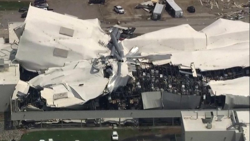 The roof of a Pfizer facility shows heavy damage after a tornado passed the area in Rocky Mount, North Carolina, U.S. July 19, 2023.  ABC Affiliate WTVD via REUTERS.  NO RESALES. NO ARCHIVES. MANDATORY CREDIT
