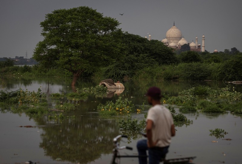 Banjir bandang yang melanda kawasan India utara ternyata berdampak pada bangunan ikonis sekaligus destinasi wisata terpopuler di negeri itu, Taj Mahal. (AFP/PAWAN SHARMA)
