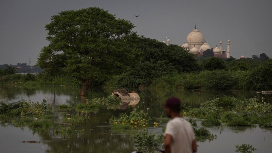Banjir bandang yang melanda kawasan India utara ternyata berdampak pada bangunan ikonis sekaligus destinasi wisata terpopuler di negeri itu, Taj Mahal. (AFP/PAWAN SHARMA)