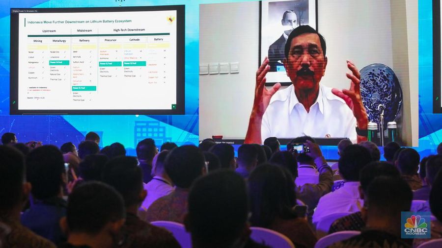 Menkomarves Luhut B Pandjaitan saat menghadiri acara 'Nickel Conference 2023' secara virtual, Selasa (25/7/2023). (CNBC Indonesia/Faisal Rahman)
