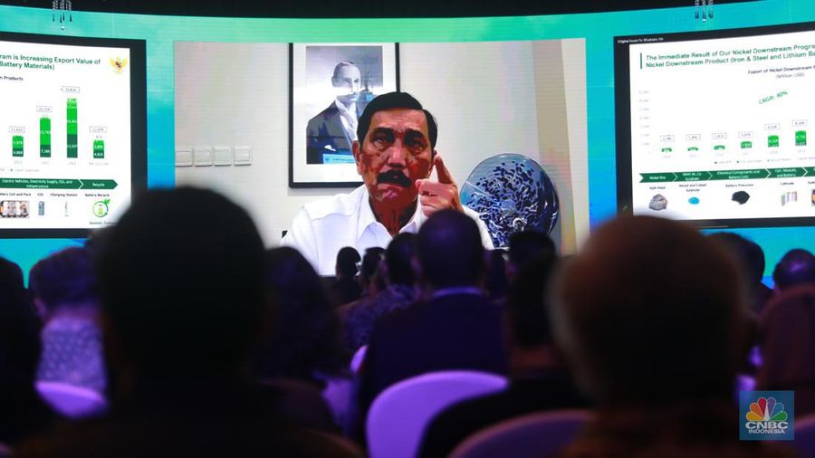 Menkomarves Luhut B Pandjaitan saat menghadiri acara 'Nickel Conference 2023' secara virtual, Selasa (25/7/2023). (²©²ÊÍøÕ¾/Muhammad Sabki)