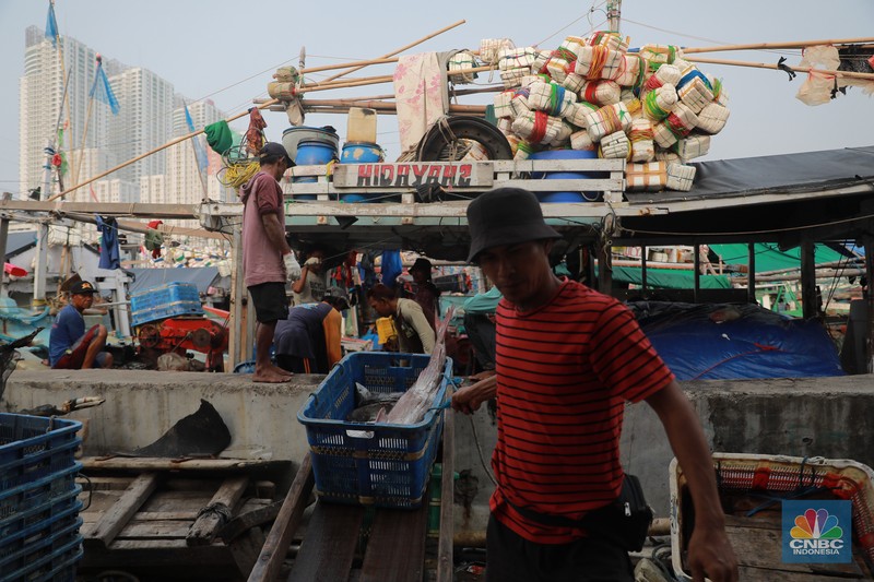 Seorang pekerja/buruh membawa ikan yang diturunkan dari kapal di Muara Angke, Jakarta, Jumat, (28/7). Seorang pekerja/buruh membawa ikan yang diturunkan dari kapal di Muara Angke, Jakarta, Jumat, (28/7). (CNBC Indonesia/Muhammad Sabki)