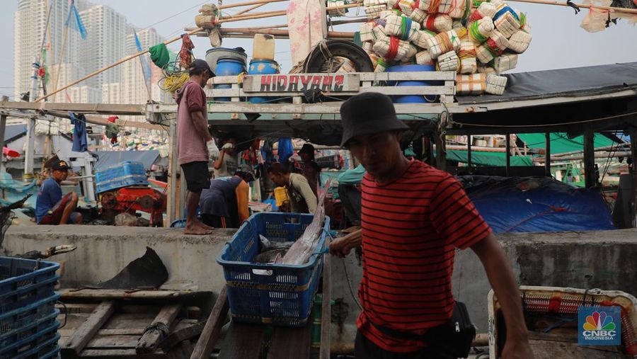 Seorang pekerja/buruh membawa ikan yang diturunkan dari kapal di Muara Angke, Jakarta, Jumat, (28/7). (CNBC Indonesia/Muhammad Sabki)