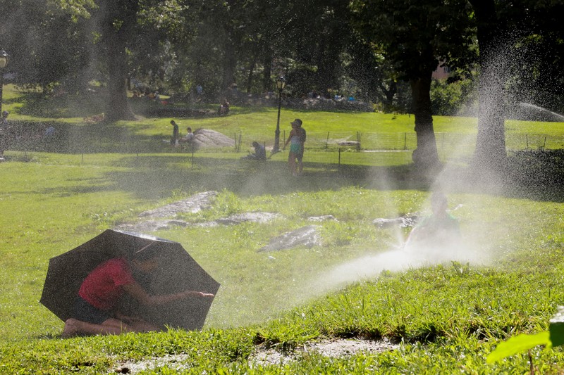 Warga beraktivitas saat gelombang pans di Central Park Manhattan, New York City, Amerika Serikat. (REUTERS/Amr Alfiky) Warga beraktivitas saat gelombang pans di Central Park Manhattan, New York City, Amerika Serikat. (REUTERS/Amr Alfiky)