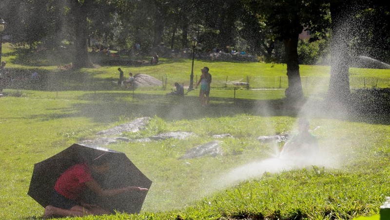 Warga beraktivitas saat gelombang pans di Central Park Manhattan, New York City, Amerika Serikat. (REUTERS/Amr Alfiky)