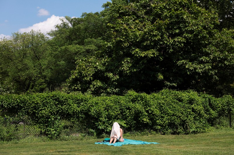 Warga beraktivitas saat gelombang pans di Central Park Manhattan, New York City, Amerika Serikat. (REUTERS/Amr Alfiky)