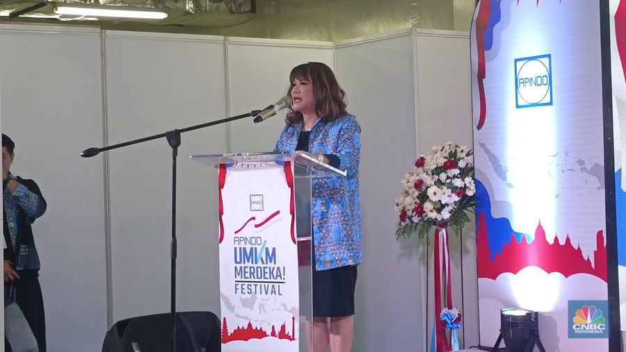 Ketua Umum Apindo, Shinta Widjaja Kamdani memberikan tanggapan Soal Larangan Jual Produk Impor di e-Commerce di Mall Grand Indonesia, Jakarta, Senin (31/7/2023). (CNBC Indonesia/Martyasari Rizky)
