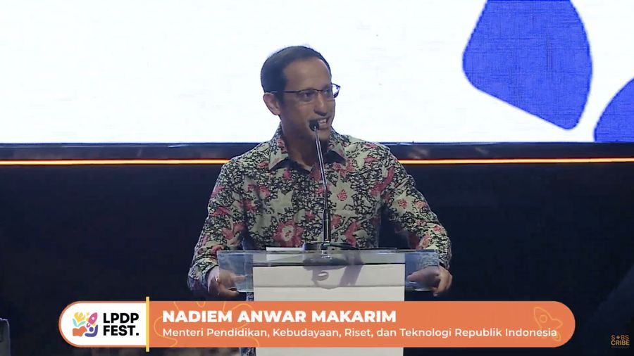 Menteri Pendidikan, Kebudayaan, Riset, dan Tekonogi Republik Indonesia, Nadiem Anwar Makarim saat menghadiri Acara Puncak LPDP Festival 2023. (Tangkapan Layar Youtube LPDP RI)