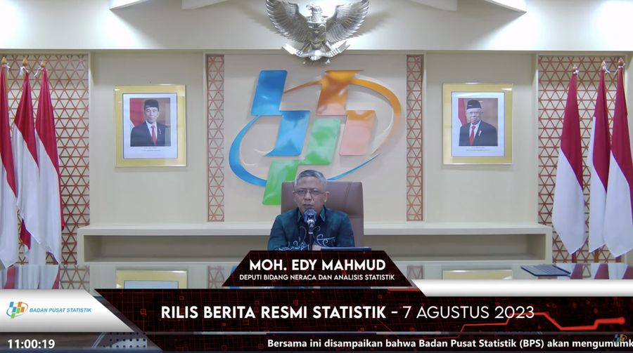 Deputi Bidang Neraca dan Analisis Statistik BPS, Moh. Edy Mahmud saat mentampaikan rilis BPS pada (7/8/2023). (Tangkapan Layar Youtube BPS Statisics)