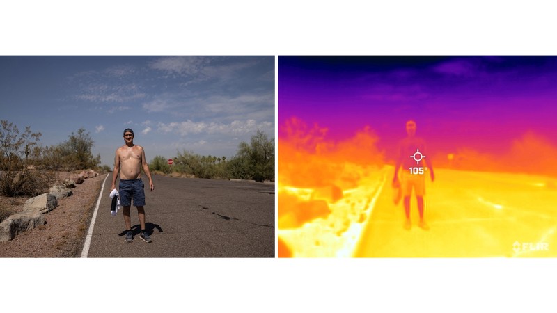 Gary, a local resident, poses for a picture as he walks on trails, during a 27 days long heat wave with temperatures over 110 degrees Fahrenheit (43 degrees Celsius) at a park in Phoenix, Arizona, U.S., July 26, 2023. On July 26 at 09:53 (GMT-7), a Flir One ProThermal camera registered a surface temperature of 105¡F (40¡C), with an air temperature of 86¡F (30¡C) according to the National Weather Service. REUTERS/Carlos Barria        SEARCH 