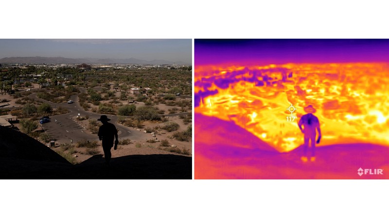 Gary, a local resident, poses for a picture as he walks on trails, during a 27 days long heat wave with temperatures over 110 degrees Fahrenheit (43 degrees Celsius) at a park in Phoenix, Arizona, U.S., July 26, 2023. On July 26 at 09:53 (GMT-7), a Flir One ProThermal camera registered a surface temperature of 105¡F (40¡C), with an air temperature of 86¡F (30¡C) according to the National Weather Service. REUTERS/Carlos Barria        SEARCH 
