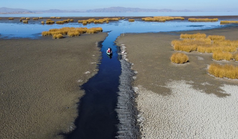 Isabel Apaza dan Gabriel Flores menaiki perahu mereka melalui jalur air sempit di dekat pantai Danau Titicaca pada musim kemarau di Huarina, Bolivia 3 Agustus 2023. Isabel Apaza dan Gabriel Flores menaiki perahu mereka melalui jalur air sempit di dekat pantai Danau Titicaca pada musim kemarau di Huarina, Bolivia 3 Agustus 2023. (REUTERS/Claudia Morales)