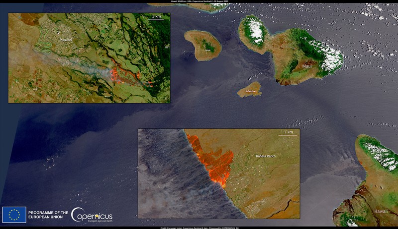 Orang-orang menyaksikan asap dan api memenuhi udara dari amukan kebakaran hutan di Front Street di pusat kota Lahaina, Maui pada Selasa, 8 Agustus 2023. Orang-orang menyaksikan asap dan api memenuhi udara dari amukan kebakaran hutan di Front Street di pusat kota Lahaina, Maui pada Selasa, 8 Agustus 2023. Para pejabat Maui mengatakan kebakaran di kota bersejarah itu telah menghanguskan sebagian dari salah satu kawasan wisata paling populer di Hawaii. . Juru bicara County of Maui, Mahina Martin mengatakan dalam sebuah wawancara telepon pada Rabu pagi, kebakaran meluas di Lahaina, termasuk Front Street, area kota yang populer dengan turis. (Alan Dickar via AP)