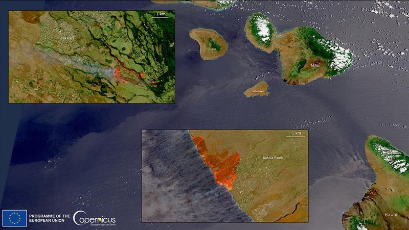 Orang-orang menyaksikan asap dan api memenuhi udara dari amukan kebakaran hutan di Front Street di pusat kota Lahaina, Maui pada Selasa, 8 Agustus 2023. Para pejabat Maui mengatakan kebakaran di kota bersejarah itu telah menghanguskan sebagian dari salah satu kawasan wisata paling populer di Hawaii. . Juru bicara County of Maui, Mahina Martin mengatakan dalam sebuah wawancara telepon pada Rabu pagi, kebakaran meluas di Lahaina, termasuk Front Street, area kota yang populer dengan turis. (Alan Dickar via AP)