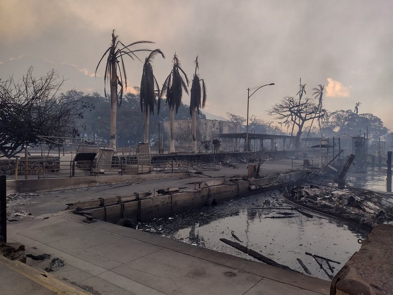 Orang-orang menyaksikan asap dan api memenuhi udara dari amukan kebakaran hutan di Front Street di pusat kota Lahaina, Maui pada Selasa, 8 Agustus 2023. Orang-orang menyaksikan asap dan api memenuhi udara dari amukan kebakaran hutan di Front Street di pusat kota Lahaina, Maui pada Selasa, 8 Agustus 2023. Para pejabat Maui mengatakan kebakaran di kota bersejarah itu telah menghanguskan sebagian dari salah satu kawasan wisata paling populer di Hawaii. . Juru bicara County of Maui, Mahina Martin mengatakan dalam sebuah wawancara telepon pada Rabu pagi, kebakaran meluas di Lahaina, termasuk Front Street, area kota yang populer dengan turis. (Alan Dickar via AP)