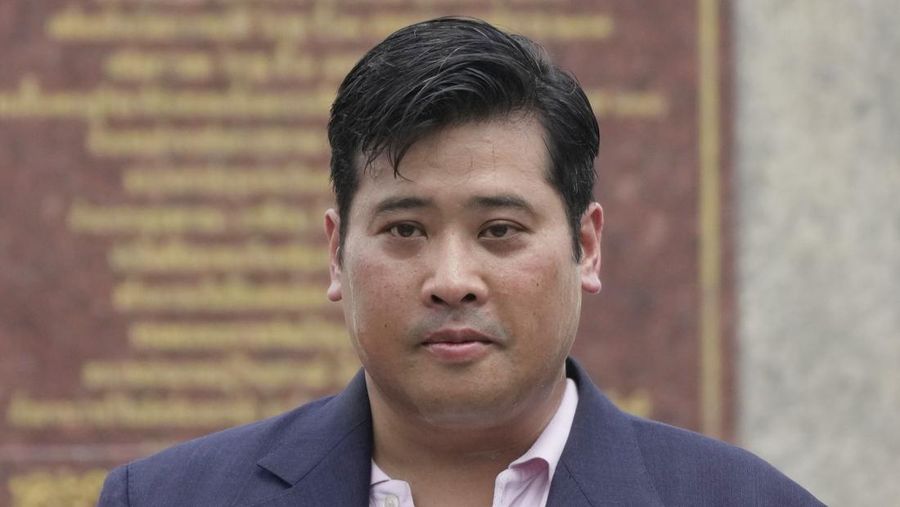 Vacharaesorn Vivacharawongse leaves a religious ceremony at Yannawa temple in Bangkok, Thailand, Thursday, Aug. 10, 2023. The estranged son of Thailand's King Maha Vajiralongkorn has made his surprise return to the country after 27 years of living abroad. (AP Photo/Sakchai Lalit)