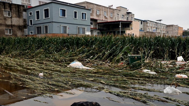 FILE PHOTO: FILE PHOTO:A man holding a child walks across a damaged bridge after the rains and floods brought by remnants of Typhoon Doksuri, in Zhuozhou, Hebei province, China August 7, 2023. REUTERS/Tingshu Wang     TPX IMAGES OF THE DAY/File Photo