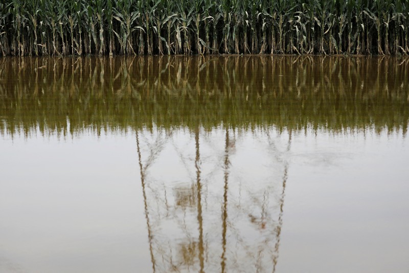 FILE PHOTO: FILE PHOTO:A man holding a child walks across a damaged bridge after the rains and floods brought by remnants of Typhoon Doksuri, in Zhuozhou, Hebei province, China August 7, 2023. REUTERS/Tingshu Wang     TPX IMAGES OF THE DAY/File Photo