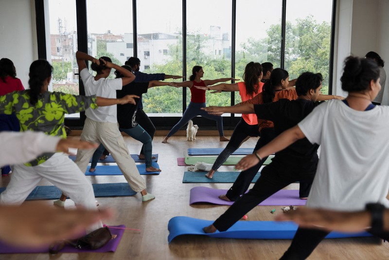Peserta melakukan yoga saat anak kucing bermain di sekitar mereka dalam sesi yoga yang diselenggarakan oleh Pawhour, di sebuah studio di New Delhi, India, 6 Agustus 2023. (REUTERS/Anushree Fadnavis)