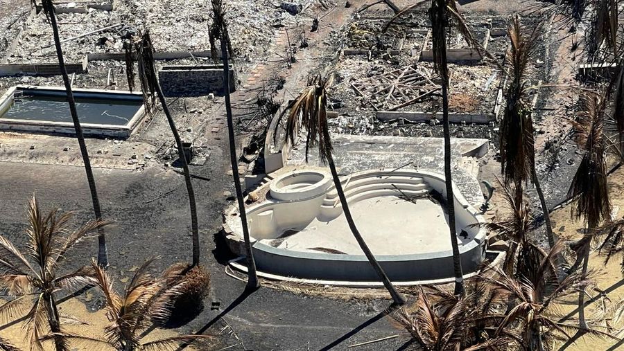 Cangkang rumah dan bangunan yang terbakar tersisa setelah kebakaran hutan yang didorong oleh angin kencang membakar sebagian besar kota di Lahaina, Maui, Hawaii, AS 11 Agustus 2023. (Hawai'i Department of Land and Natural Resources/Handout via REUTERS)