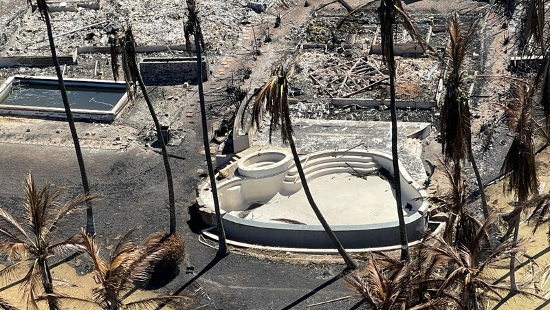 Cangkang rumah dan bangunan yang terbakar tersisa setelah kebakaran hutan yang didorong oleh angin kencang membakar sebagian besar kota di Lahaina, Maui, Hawaii, AS 11 Agustus 2023. (Hawai'i Department of Land and Natural Resources/Handout via REUTERS)