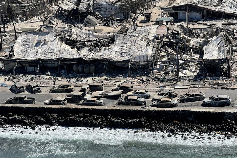 Cangkang rumah dan bangunan yang terbakar tersisa setelah kebakaran hutan yang didorong oleh angin kencang membakar sebagian besar kota di Lahaina, Maui, Hawaii, AS 11 Agustus 2023. Cangkang rumah dan bangunan yang terbakar tersisa setelah kebakaran hutan yang didorong oleh angin kencang membakar sebagian besar kota di Lahaina, Maui, Hawaii, AS 11 Agustus 2023. (Hawai'i Department of Land and Natural Resources/Handout via REUTERS)