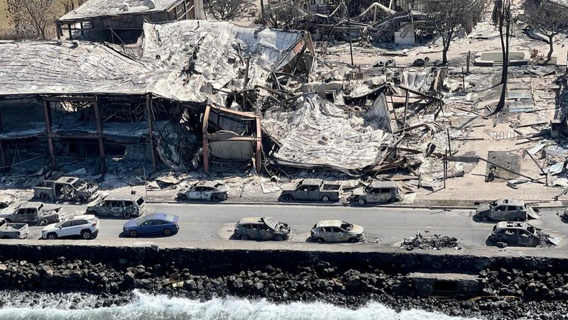 Cangkang rumah dan bangunan yang terbakar tersisa setelah kebakaran hutan yang didorong oleh angin kencang membakar sebagian besar kota di Lahaina, Maui, Hawaii, AS 11 Agustus 2023. (Hawai'i Department of Land and Natural Resources/Handout via REUTERS)