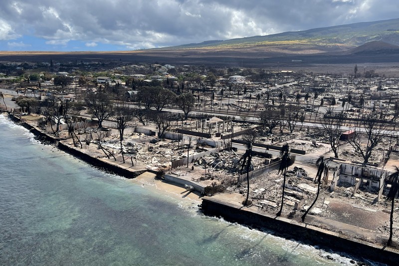 Cangkang rumah dan bangunan yang terbakar tersisa setelah kebakaran hutan yang didorong oleh angin kencang membakar sebagian besar kota di Lahaina, Maui, Hawaii, AS 11 Agustus 2023. Cangkang rumah dan bangunan yang terbakar tersisa setelah kebakaran hutan yang didorong oleh angin kencang membakar sebagian besar kota di Lahaina, Maui, Hawaii, AS 11 Agustus 2023. (Hawai'i Department of Land and Natural Resources/Handout via REUTERS)