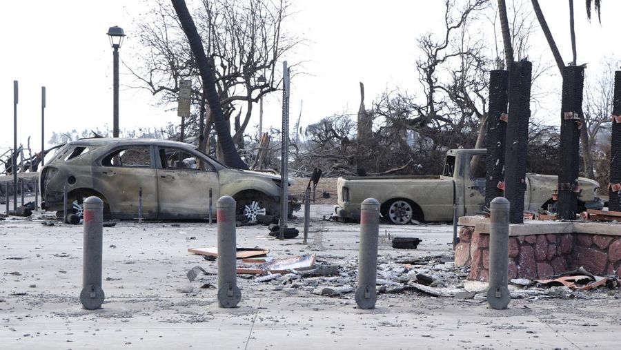 Cangkang rumah dan bangunan yang terbakar tersisa setelah kebakaran hutan yang didorong oleh angin kencang membakar sebagian besar kota di Lahaina, Maui, Hawaii, AS 11 Agustus 2023. (Hawai'i Department of Land and Natural Resources/Handout via REUTERS)