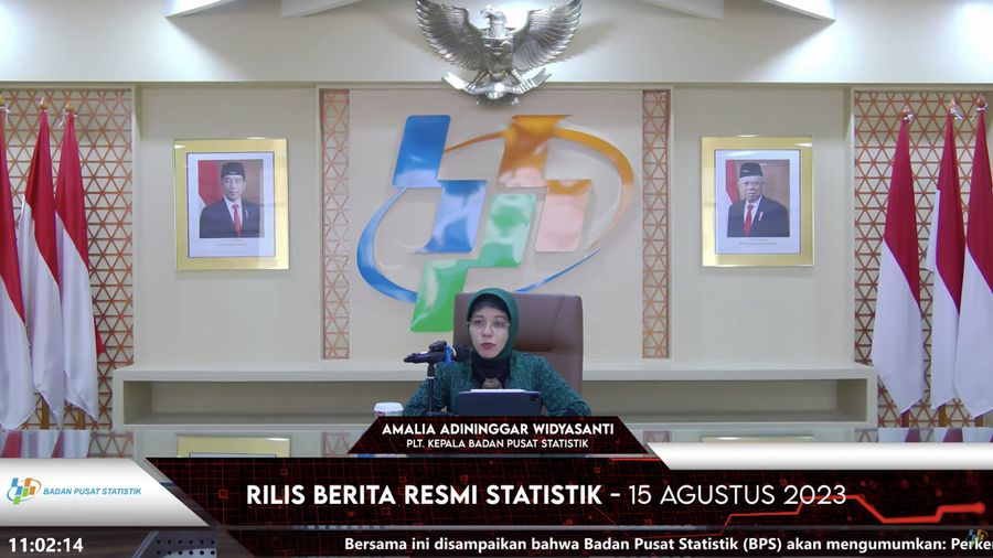 Kepala BPS, Amalia Adininggar Widyasanti dalam acara rilis BPS, Selasa (15/8/2023). (Tangkapan layar youtube BPS RI)