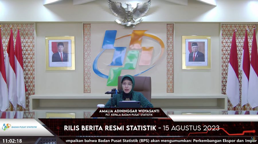 Kepala BPS, Amalia Adininggar Widyasanti dalam acara rilis BPS, Selasa (15/8/2023). (Tangkapan layar youtube BPS RI)
