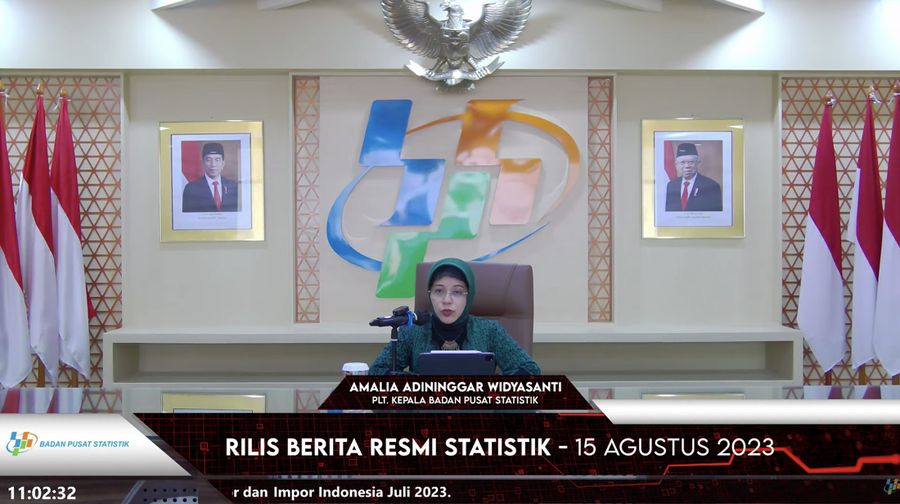 Kepala BPS, Amalia Adininggar Widyasanti dalam acara rilis BPS, Selasa (15/8/2023). (Tangkapan layar youtube BPS RI)