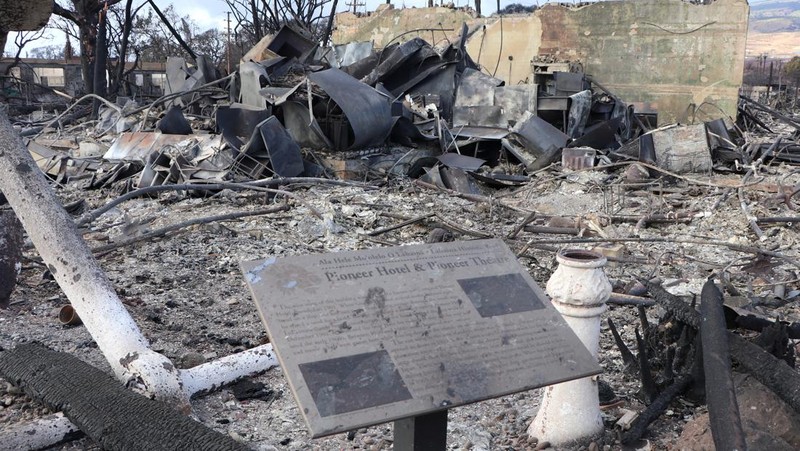 Cangkang rumah dan bangunan yang terbakar tersisa setelah kebakaran hutan yang didorong oleh angin kencang membakar sebagian besar kota di Lahaina, Maui, Hawaii, AS 11 Agustus 2023. (Hawai'i Department of Land and Natural Resources/Handout via REUTERS)