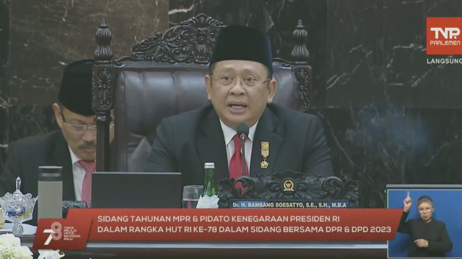 Bambang Soesatyo dalam acara sidang tahunan MPR, DPR, DPD RI, Jakarta, Rabu (16/8/2023). (Tangkapan layar Youtube DPR RI)