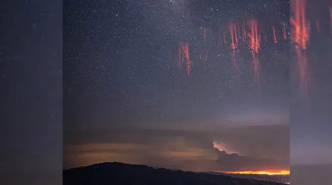 Strange Phenomenon in the Sky: Photographer Captures Red Streaks – Discover the Rare Sprites Phenomenon